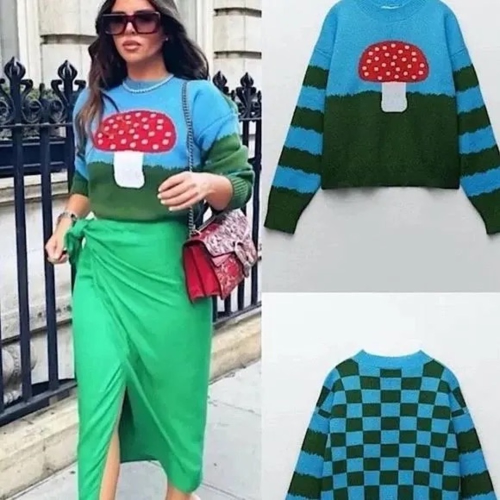Zara Mushroom Toadstool Knit Sweater Size Medium Blue Green Pullover - Picture 2 of 10